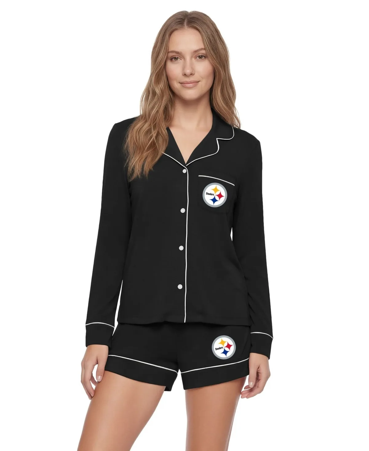 Pittsburgh Steelers Medley Long Sleeve Modal-Blend Button-Up and Shorts, 2-Piece Set by Concepts Sport
