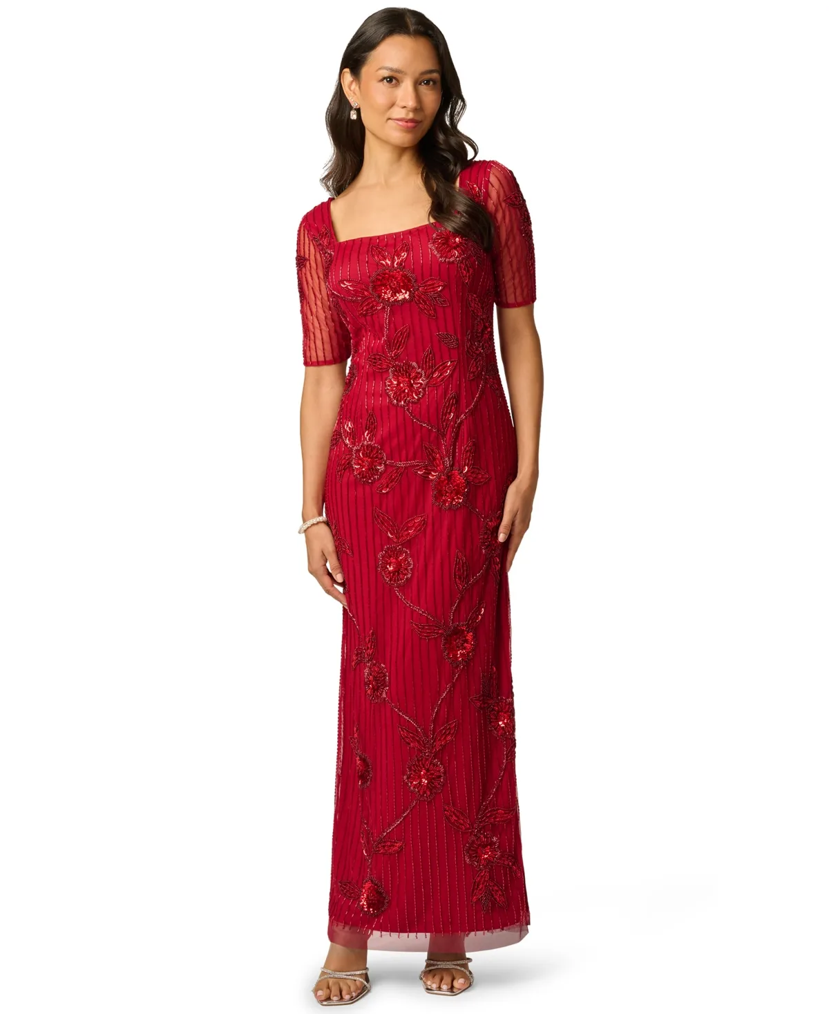 Square Neck Beaded Floral-Print Gown by Adrianna Papell