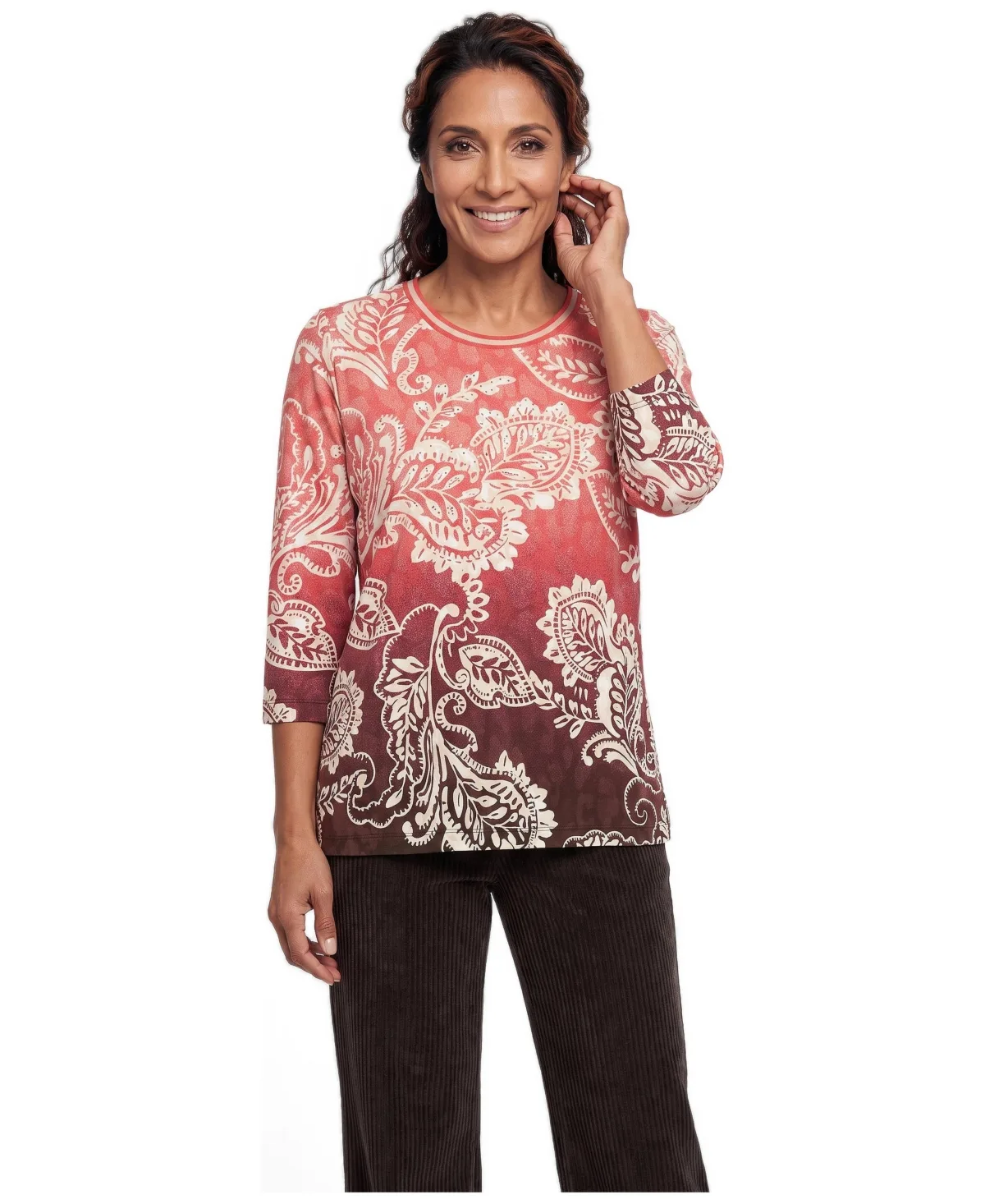 Cotton Crewneck 3/4-Sleeve T-Shirt