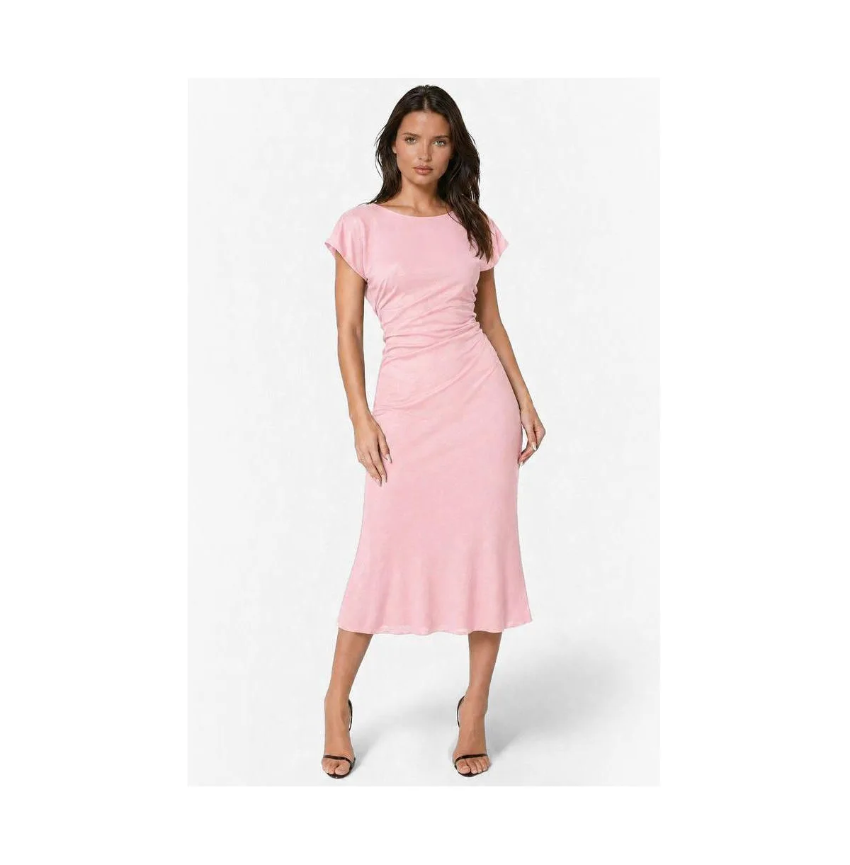 Crushed Satin Waist Seam Cowl Back Maxi Dress by bebe