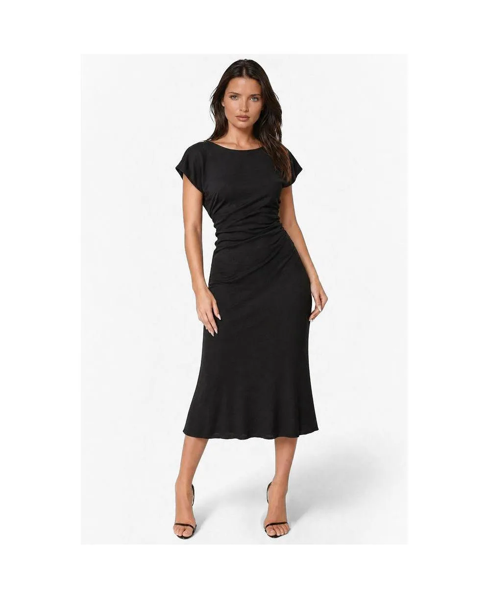 Crushed Satin Waist Seam Cowl Back Maxi Dress