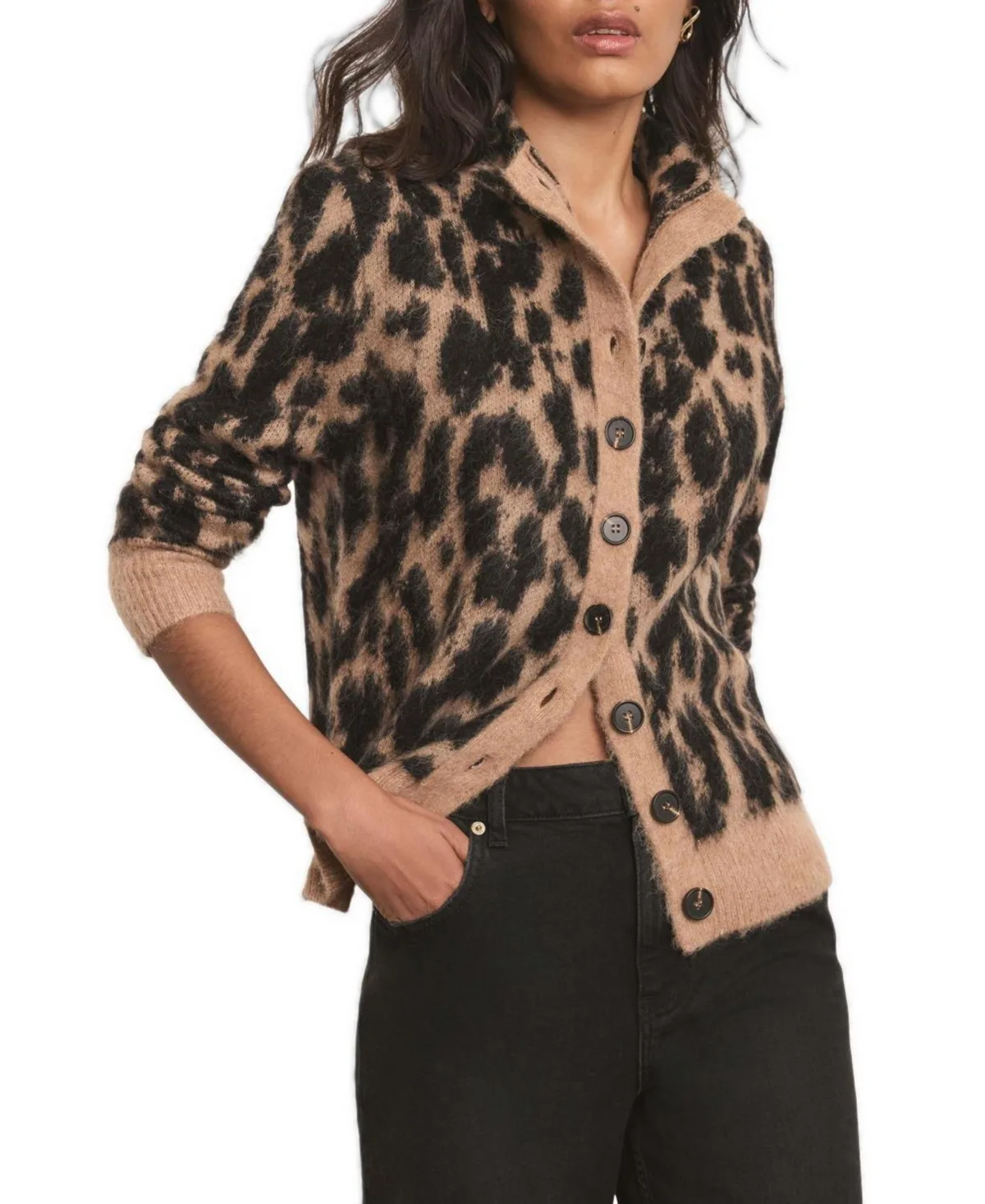 Animal-Print Fuzzy-Knit Funnel-Neck Cardigan by Mint Velvet