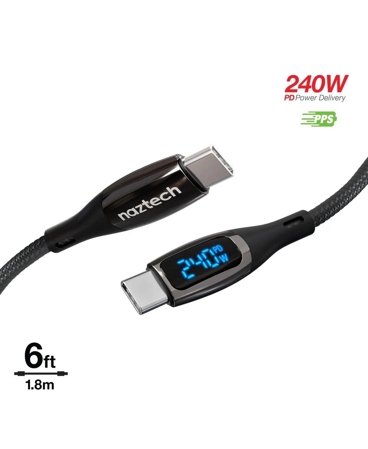 DigiWATT 240W Led Power Display Usb-C Charging Cable, Compatible with Usb-C Devices by Naztech