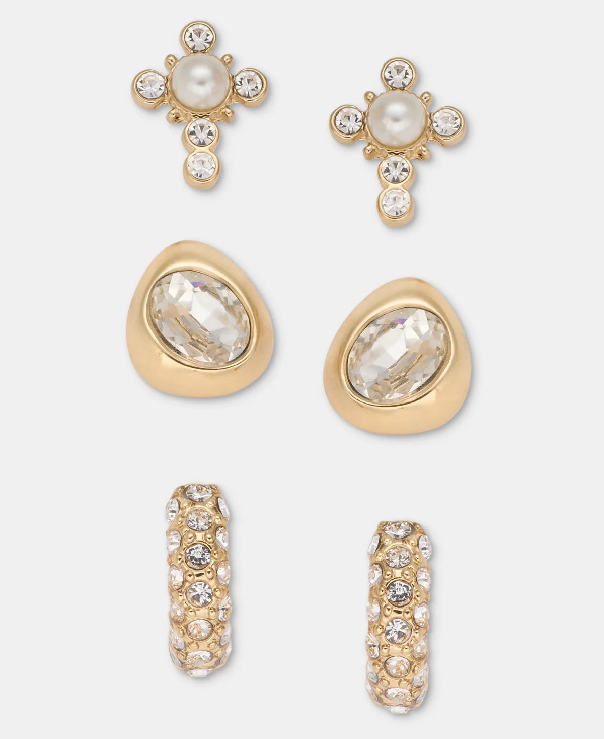 Crystal and Imitation Pearl Cross Trio Earrings by Anne Klein