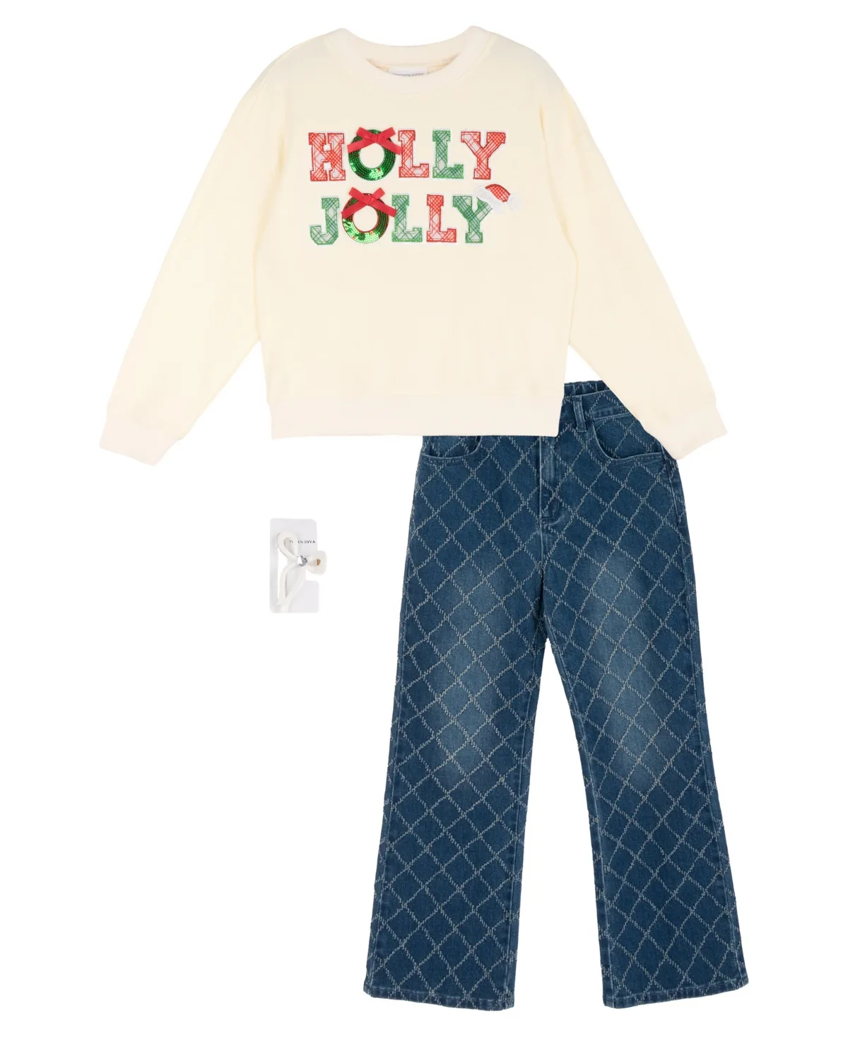 Holiday Applique Graphic Wide-Leg Sweatshirt, Denim Pants and Hair Accessory, 3-Piece Set by Tween Diva