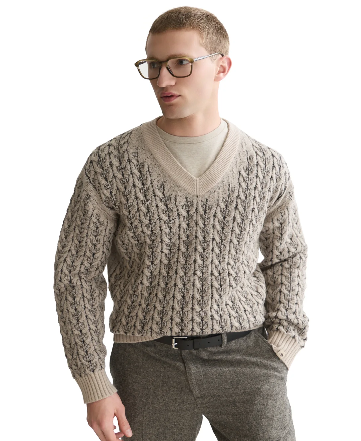 Cable-Knit Dropped-Shoulder V-Neck Wool-Blend Pullover by Scotch & Soda