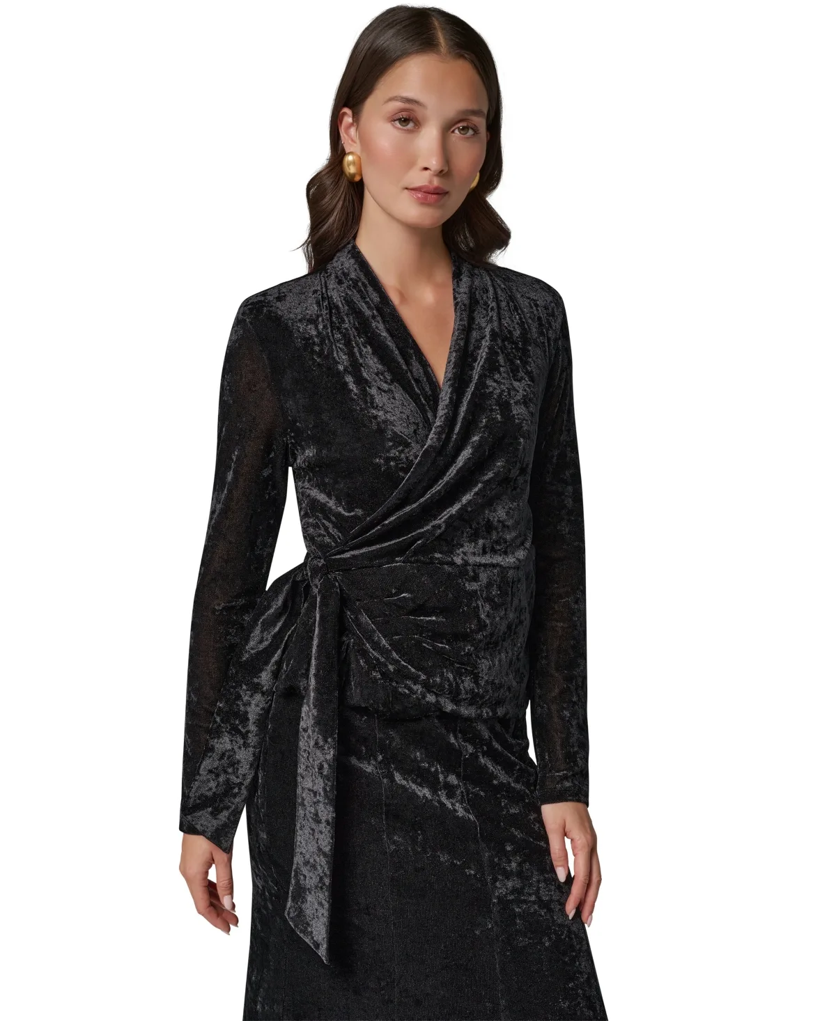 Long-Sleeve Wrap Velvet Top by Donna Karan New York