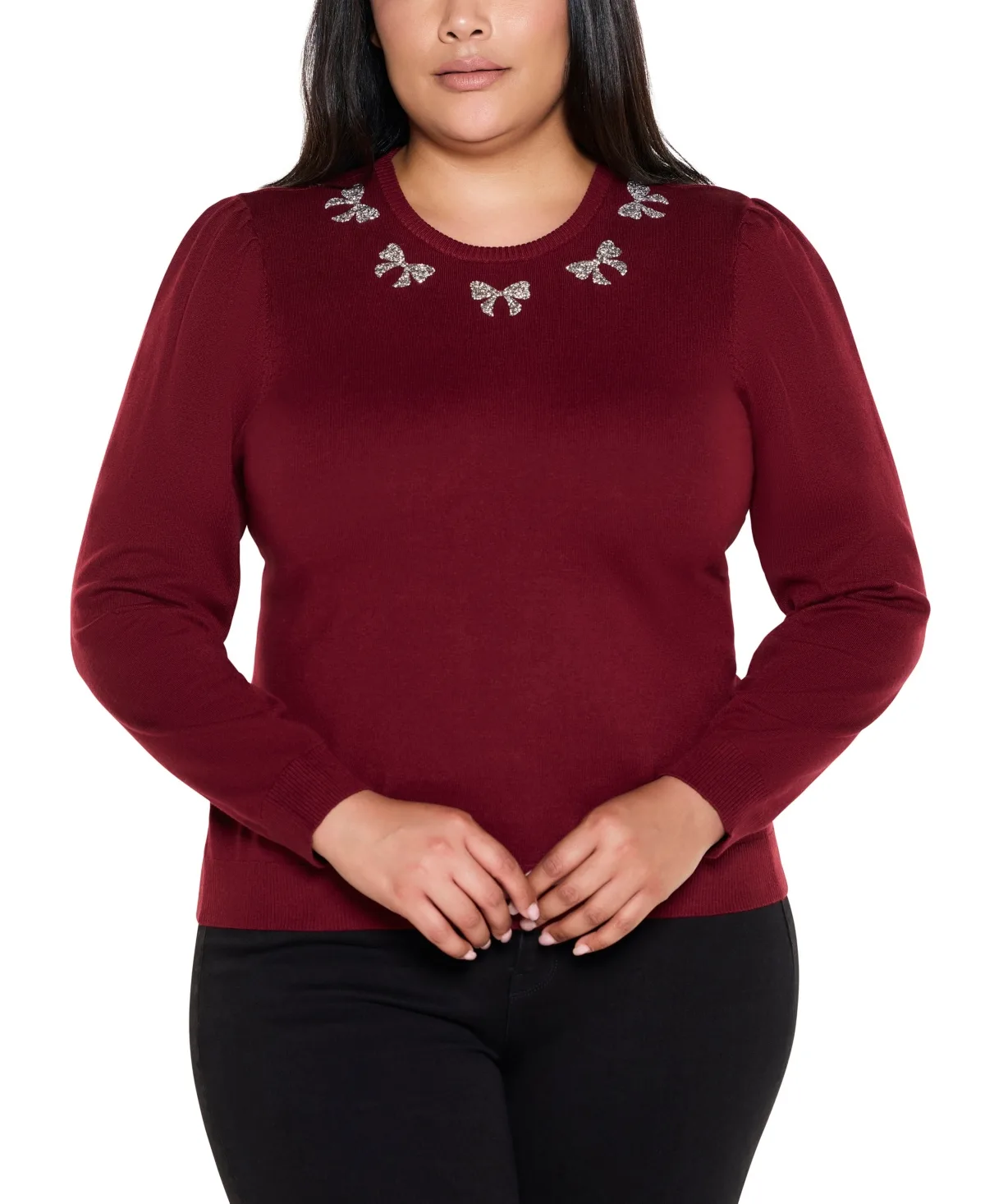 Puff Sleeve Embellished Neckline Sweater by Belldini