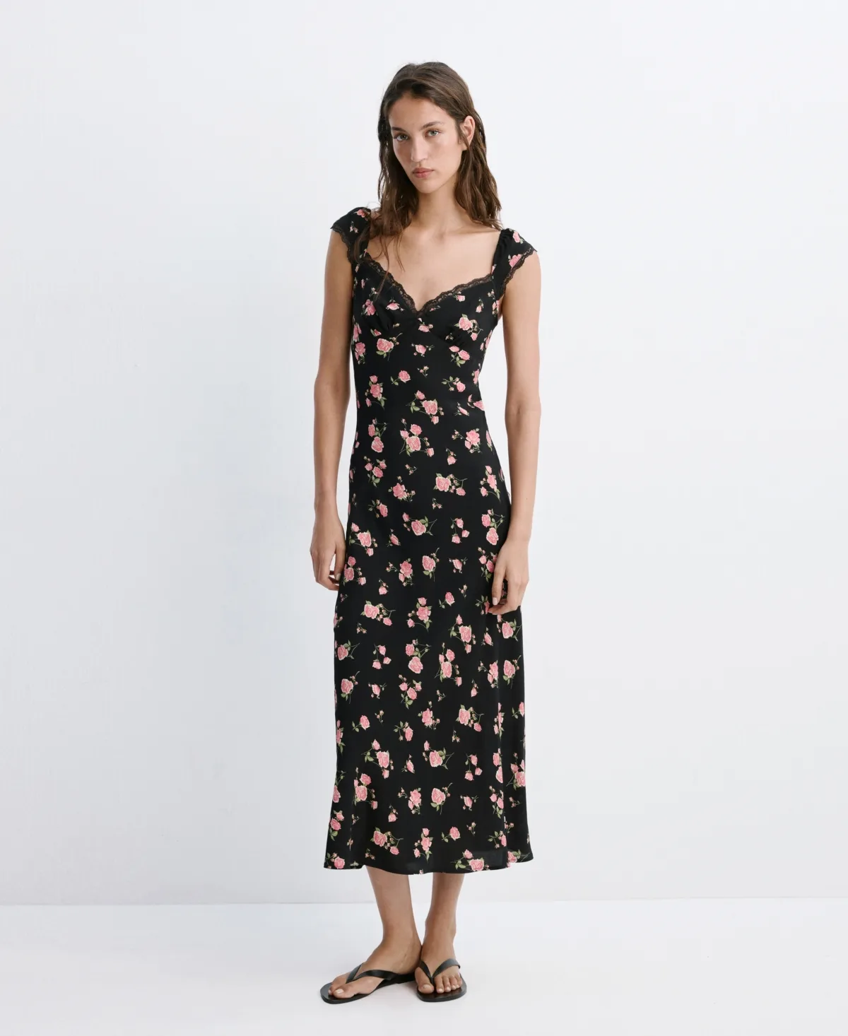 Short-Sleeve V-Neck Floral-Print Midi Dress by Mango