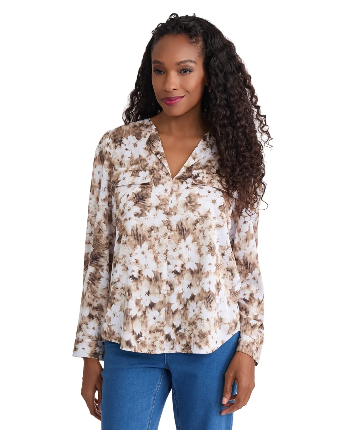 Simplified Utility Floral Long-Sleeve V-Neck Blouse by Jones New York