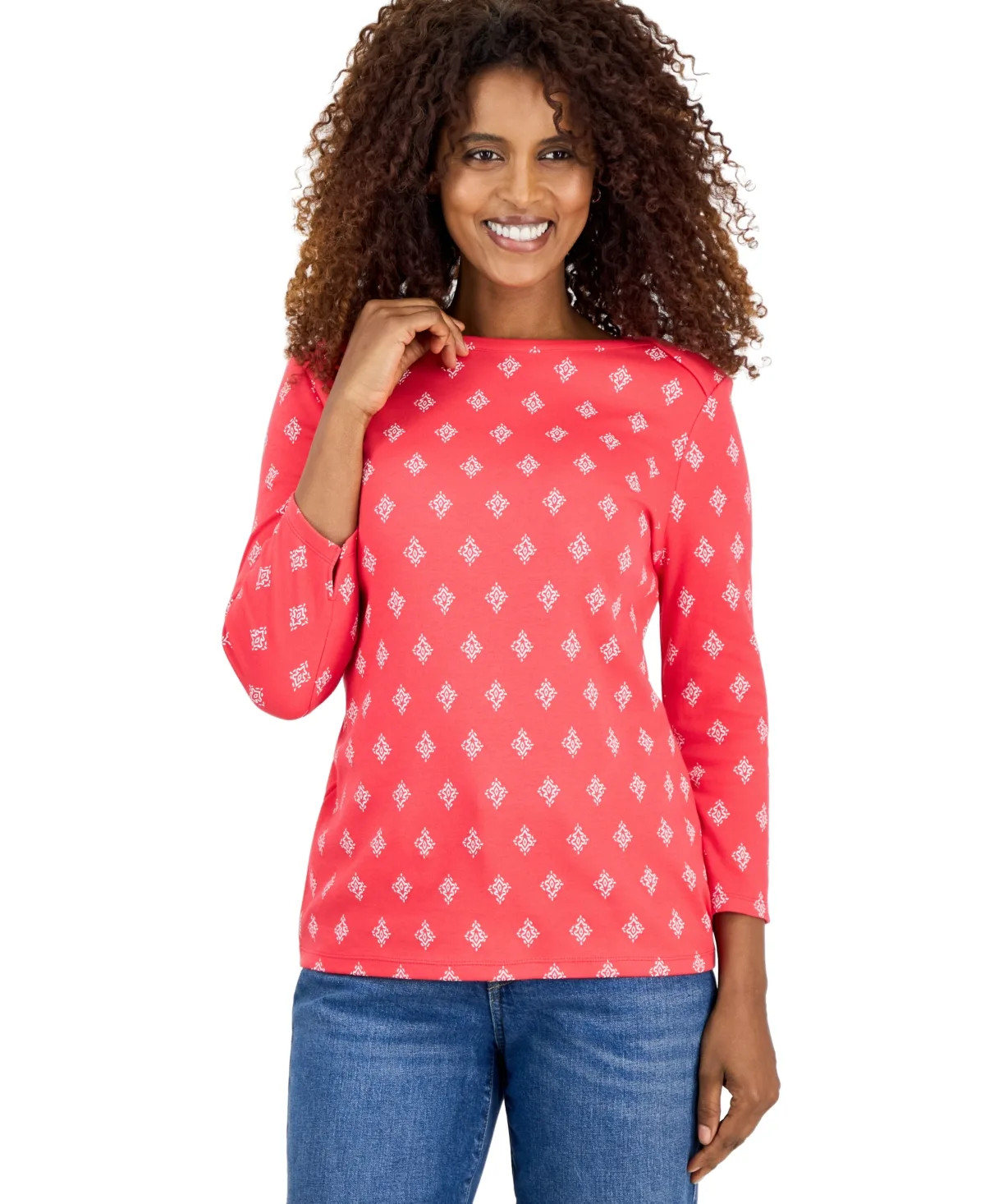 Printed Pima Cotton 3/4 Sleeve Boat-Neck Top by Style & Co