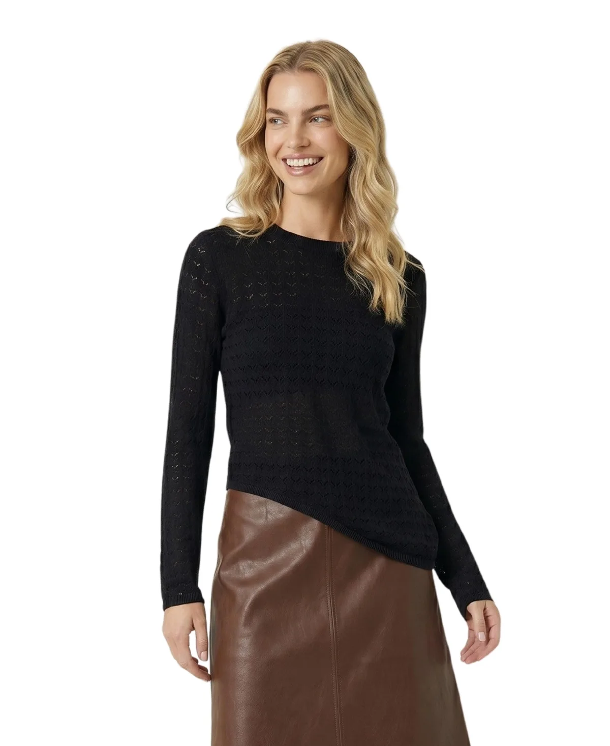 Textured Sheer Asymmetric-Hem Knit Top by Modenaire