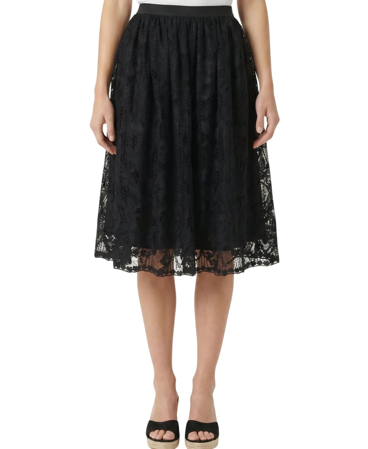 High-Waist Lace Overlay A-Line Skirt