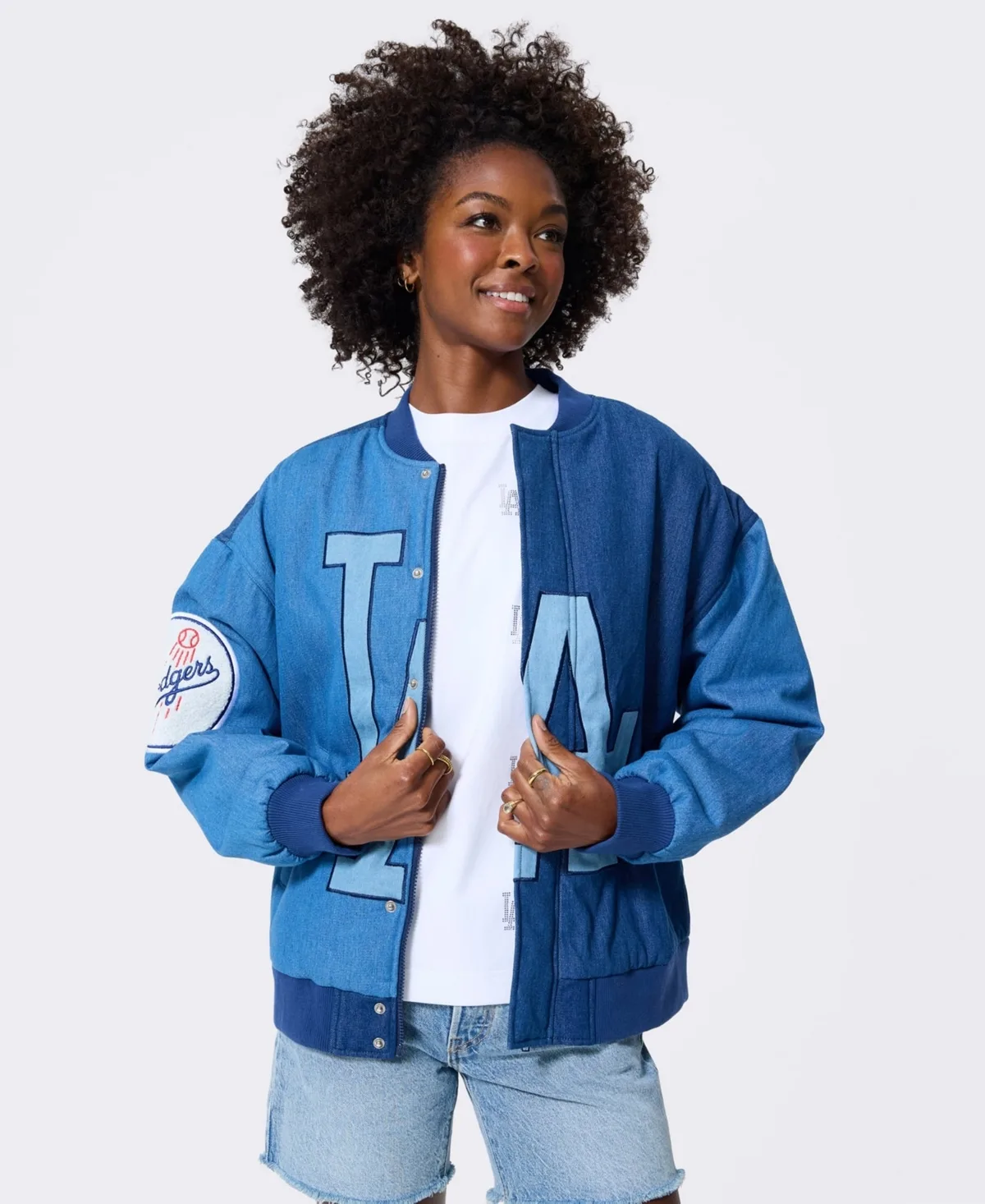 Los Angeles Dodgers Denim Blocked Bomber Jacket by Terez