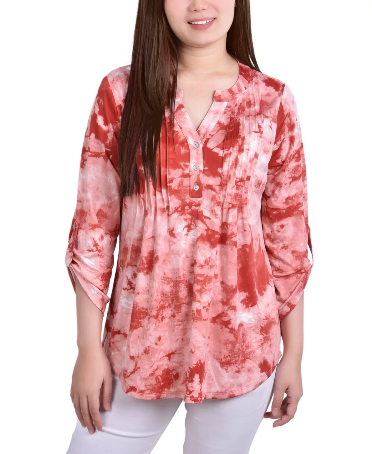 Knit Jacquard 3/4 Sleeve Roll Tab Pintuck Top by Ny Collection
