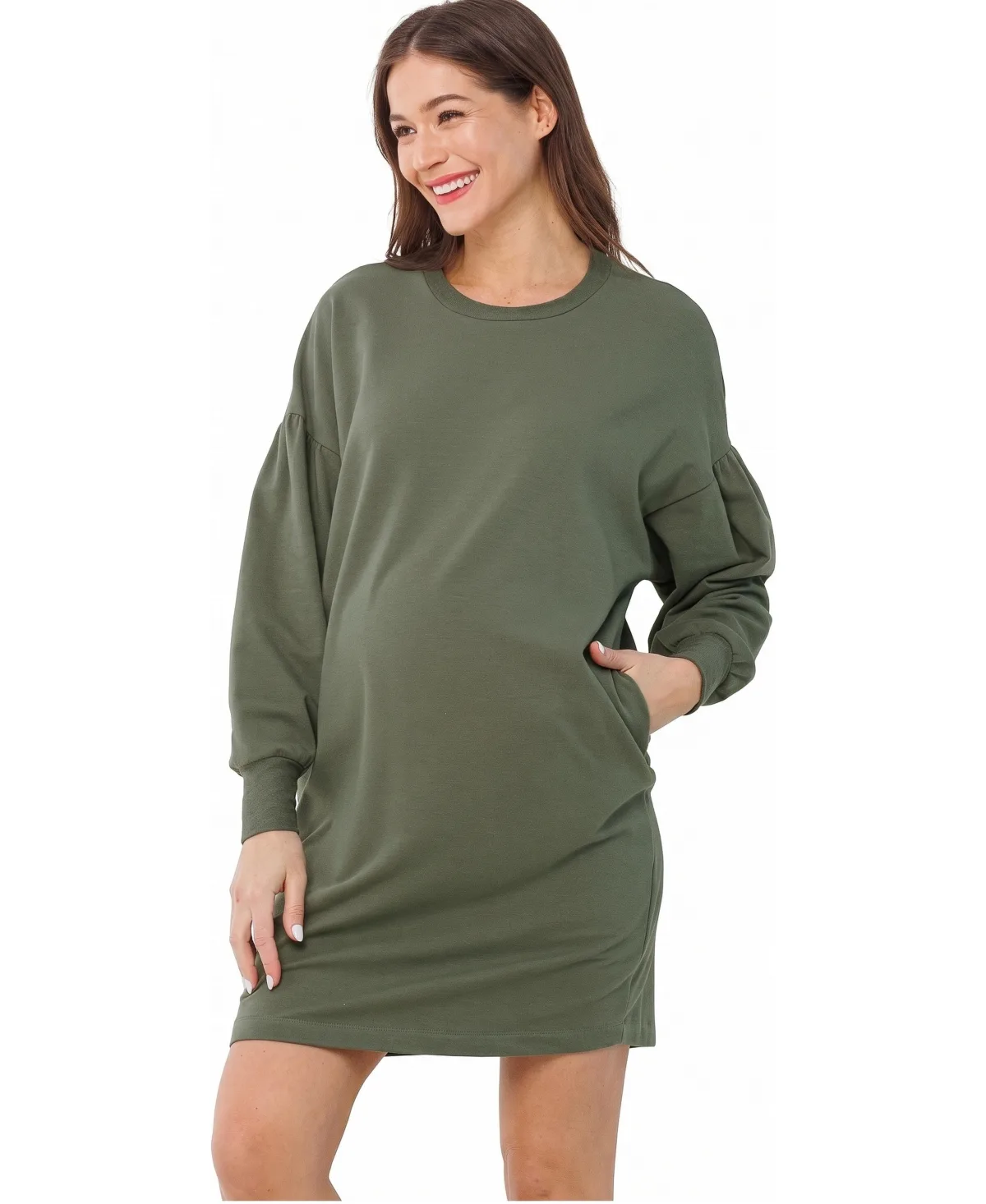 Crewneck Cotton-Blend Balloon-Sleeve Sweater Dress with Pockets by Hello Miz