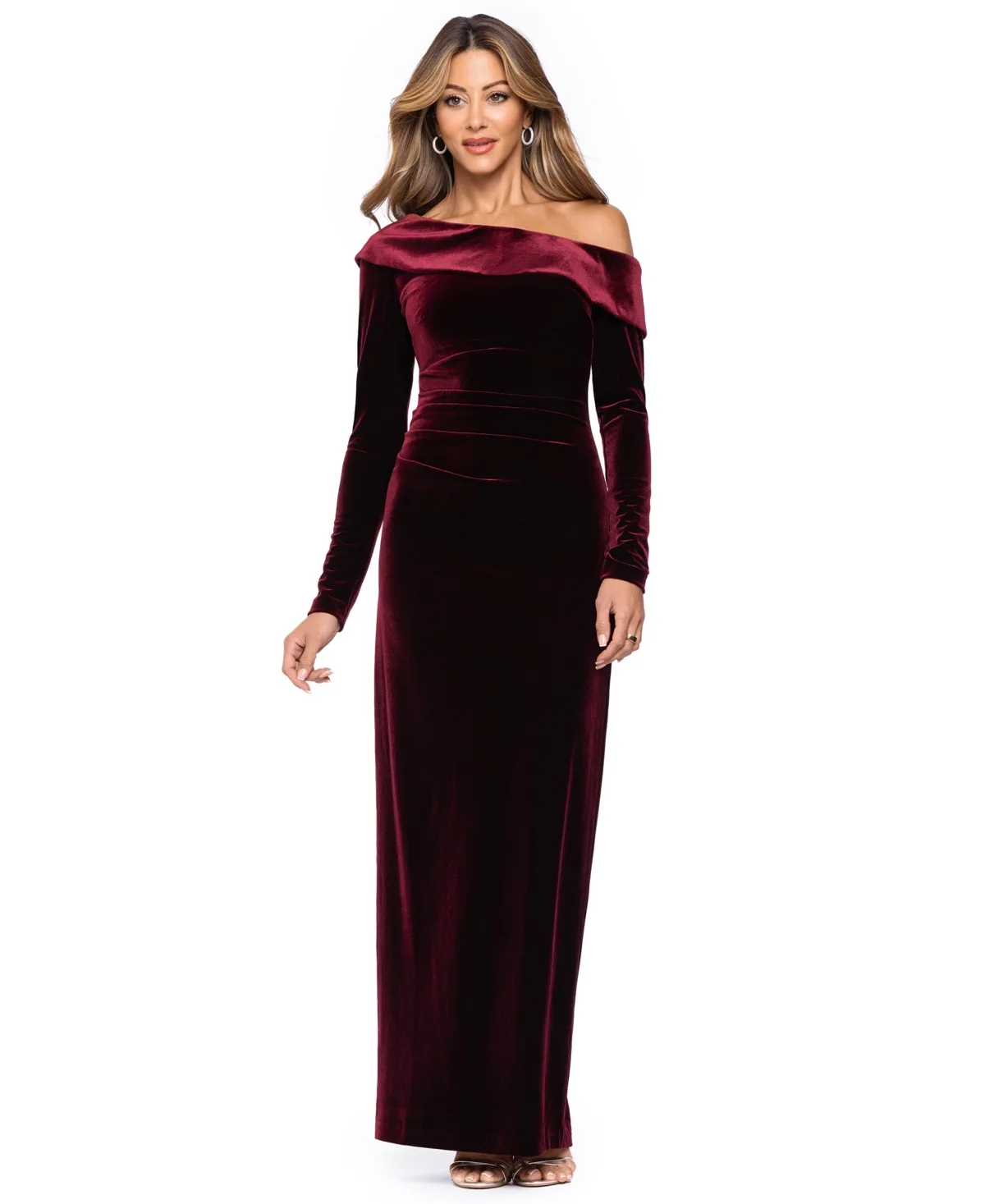 Off-the-Shoulder Long-Sleeve Velvet Gown by Xscape