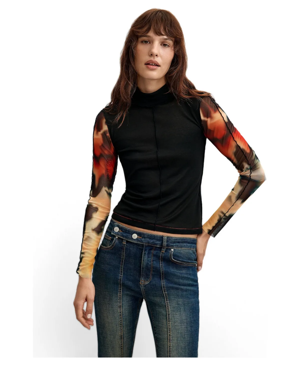 Slim Printed-Sleeve Mesh Long-Sleeve T-Shirt by Desigual