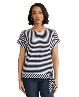 Short Sleeve Striped Side Tie Boat Neck T Shirt by Jones New York