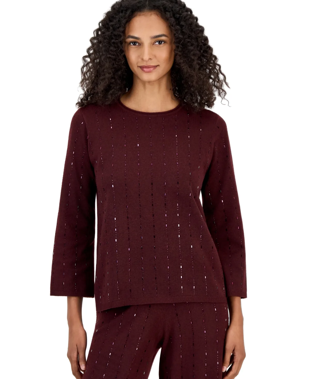 Fitted Crewneck 3/4-Sleeve Pullover Sweater by Anne Klein