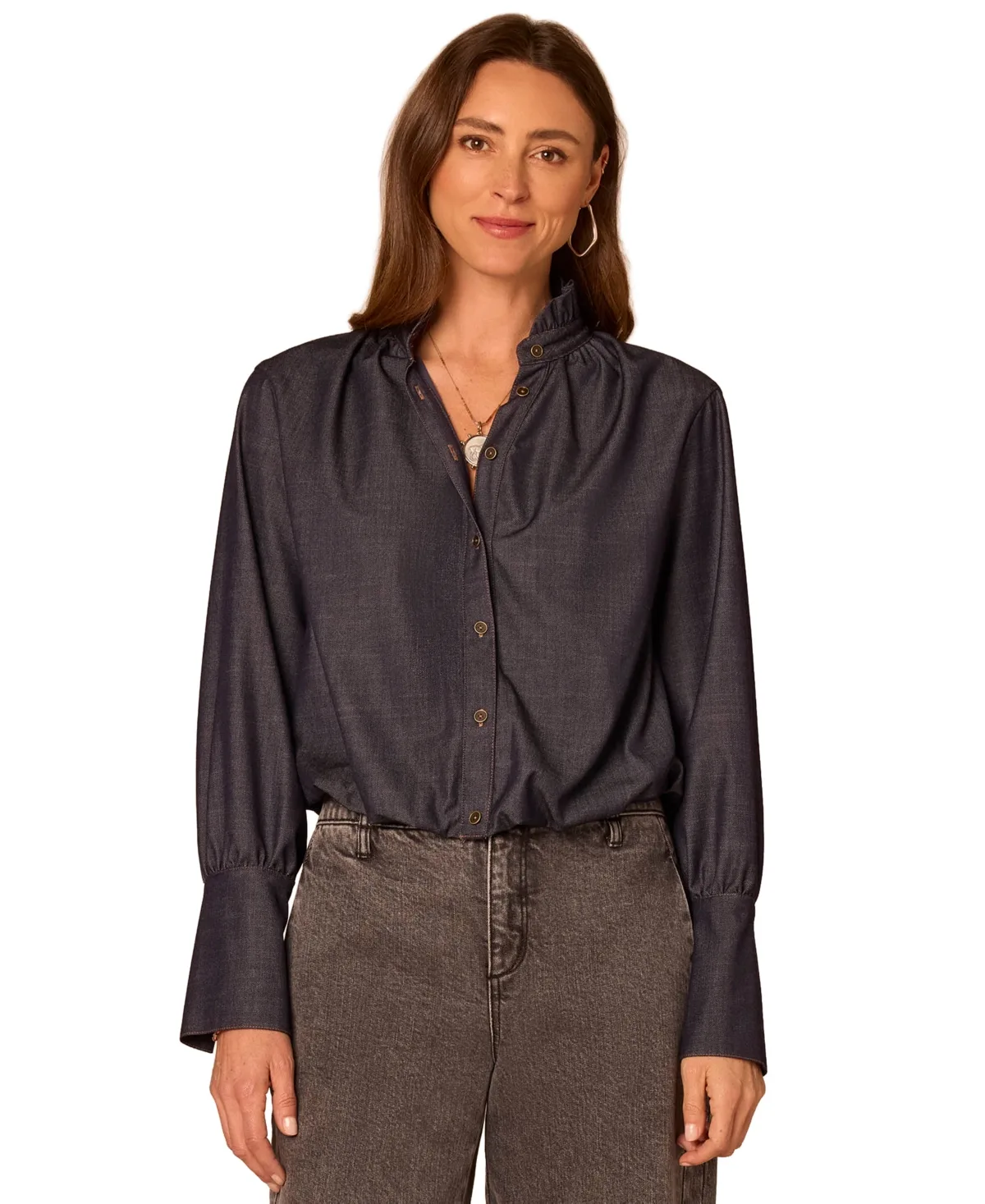 Long French Cuff Ruffle Neck Denim Blouse by Democracy