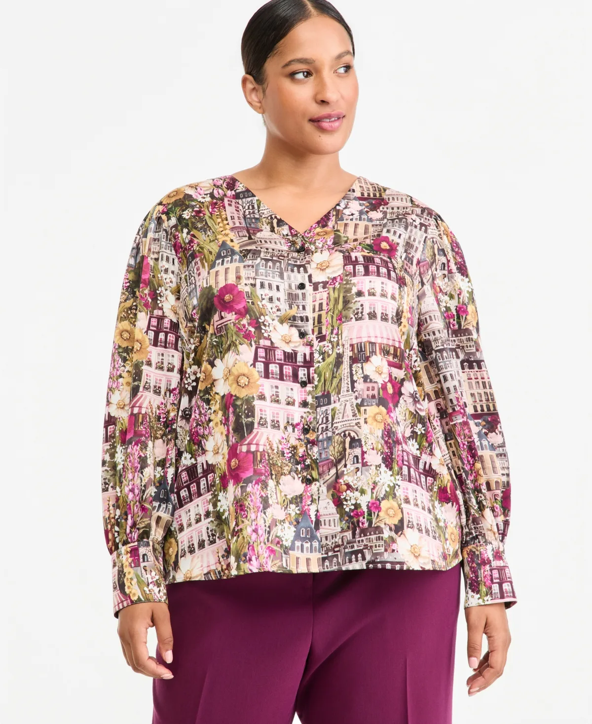 Woven V-Neck Long-Sleeve Blouse by Karl Lagerfeld