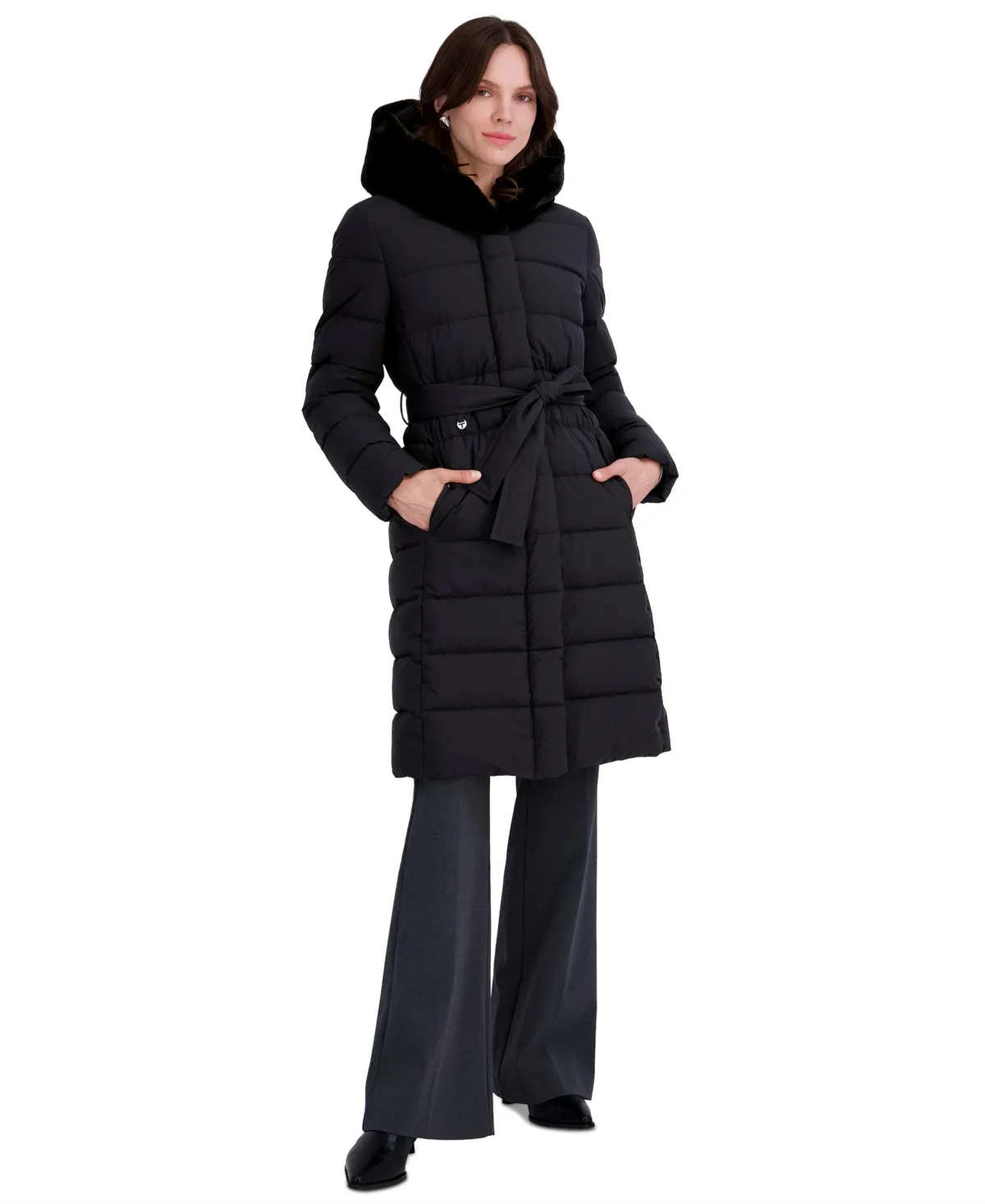 Long Belted Faux-Fur Hooded Puffer Coat by Tahari