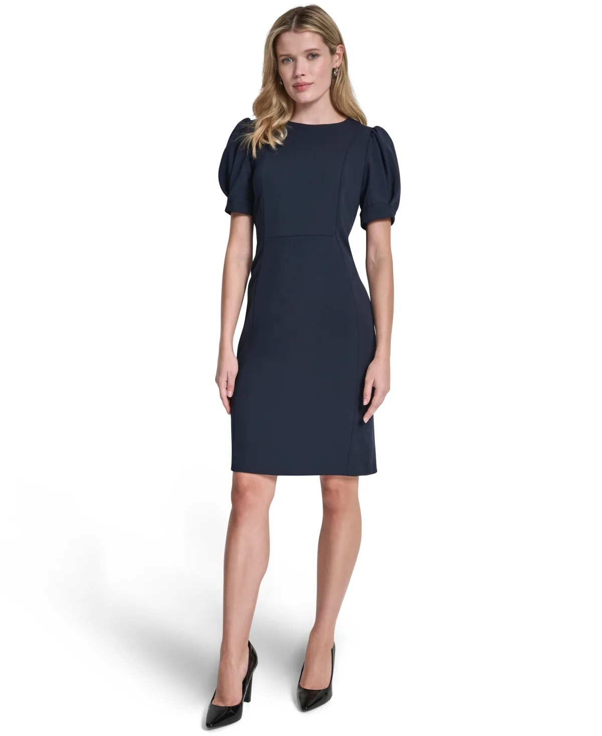 Balloon Puff-Sleeve Knee-Length Sheath Dress
