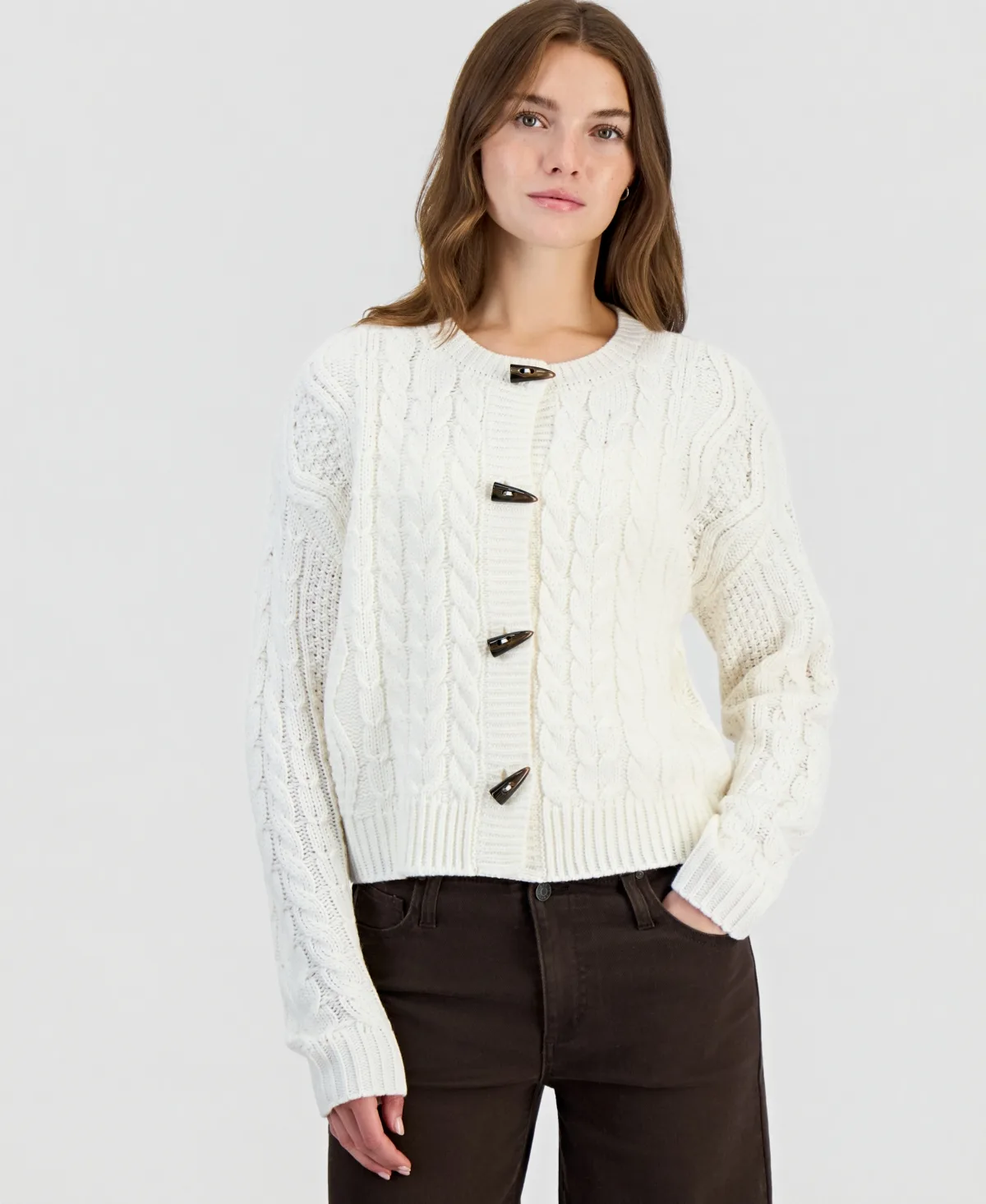 Fitted Cable-Knit Toggle Cardigan by Hooked Up by Iot