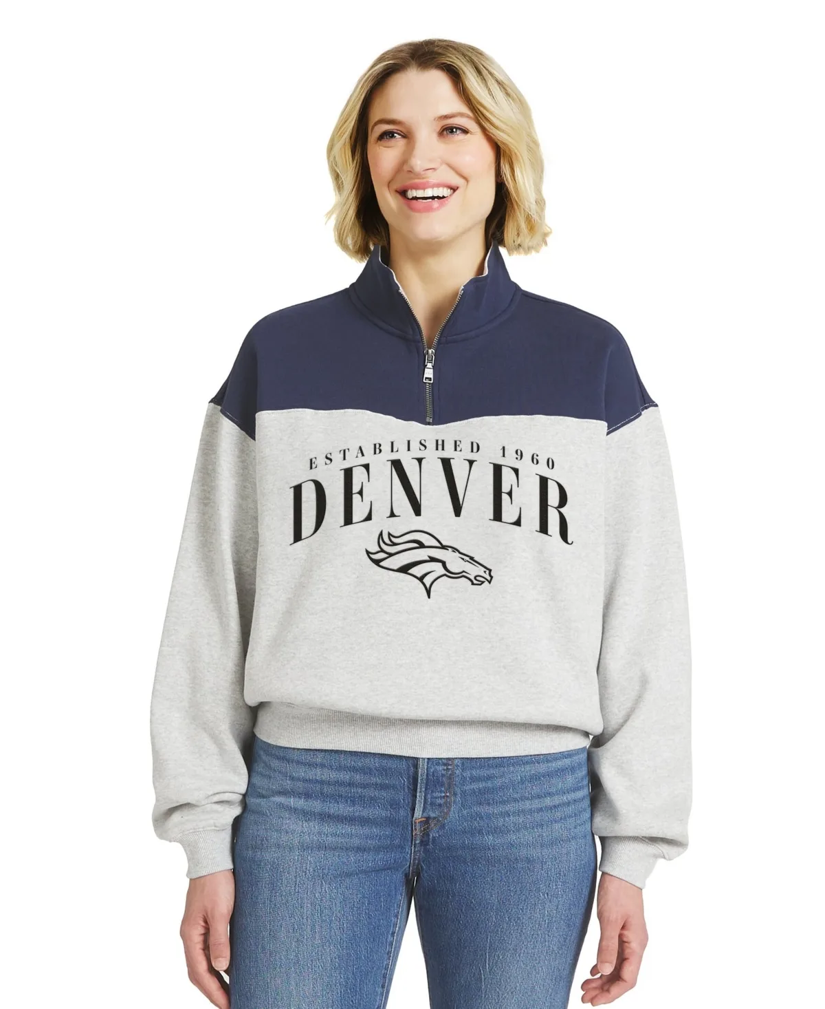 Denver Broncos Mock Neck Colorblock Half-Zip Pullover by Wear by Erin Andrews
