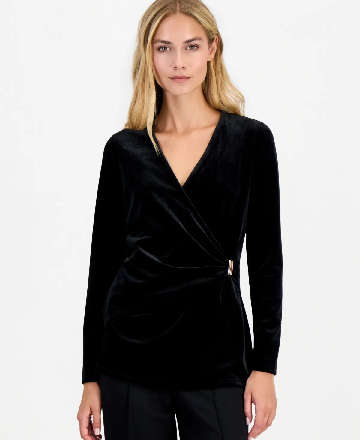 Long-Sleeve Wrap Velvet Blouse by Anne Klein