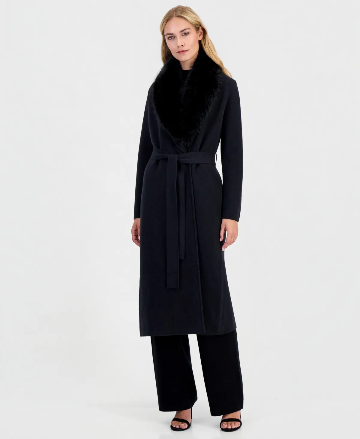 Faux Fur Collar Belted Cardigan by Anne Klein