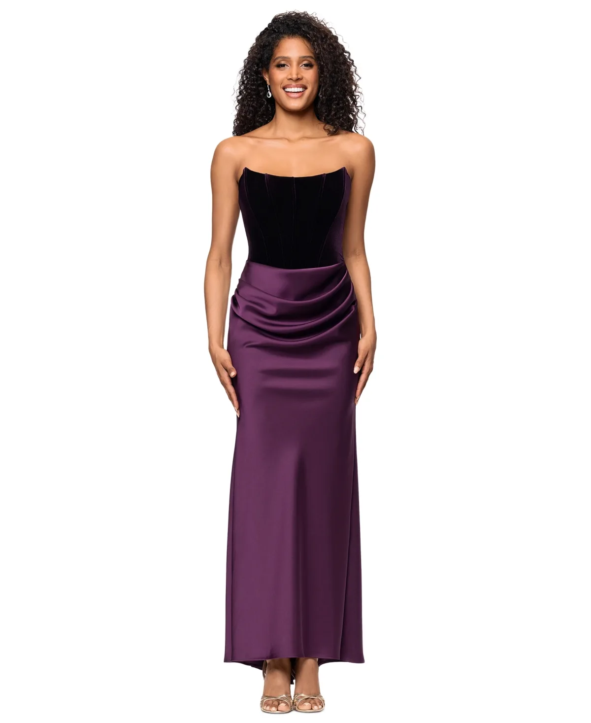 Lynn Strapless Velvet Wedding Guest Gown by Betsy & Adam