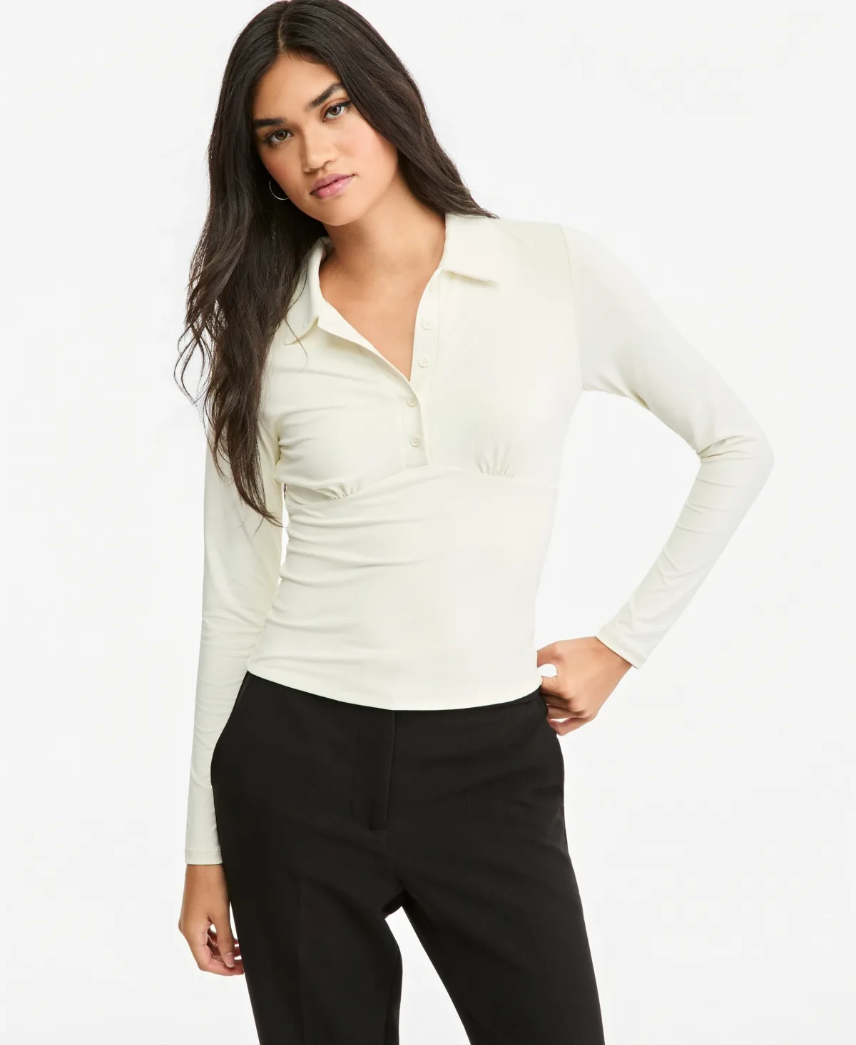 Long-Sleeve Ruched Polo Shirt by Bar III