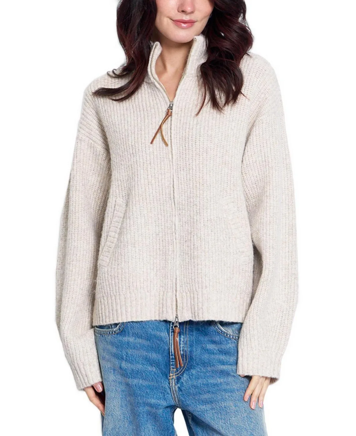 Vesper Oversized Ribbed Knit Full-Zip Sweater by Central Park West