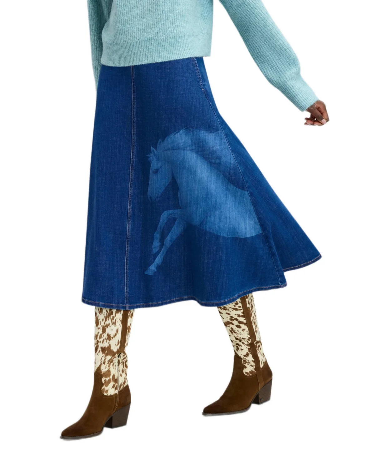 Laser-Print A-Line Denim Midi Skirt by Sam Edelman