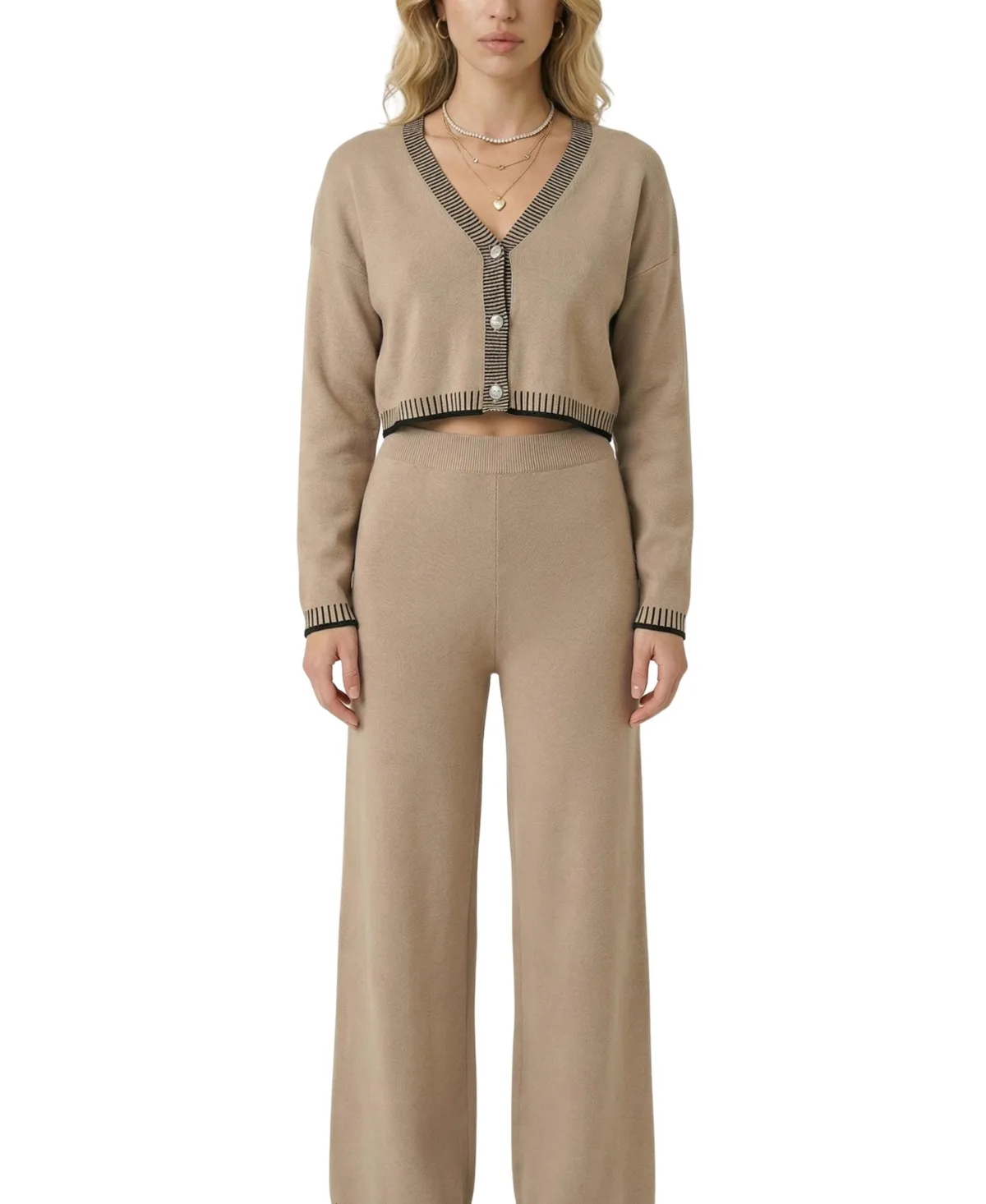Contrast-Trim Cropped Wide-Leg Cardigan and Pants, 2-Piece Set by Modenaire