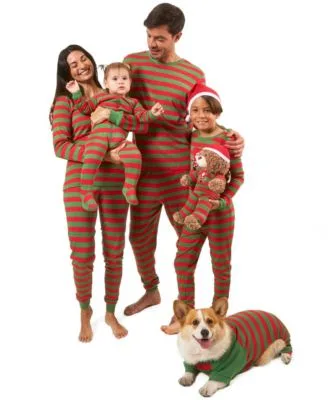 Matching Family Red Green Striped Cotton Christmas Pajamas by Leveret