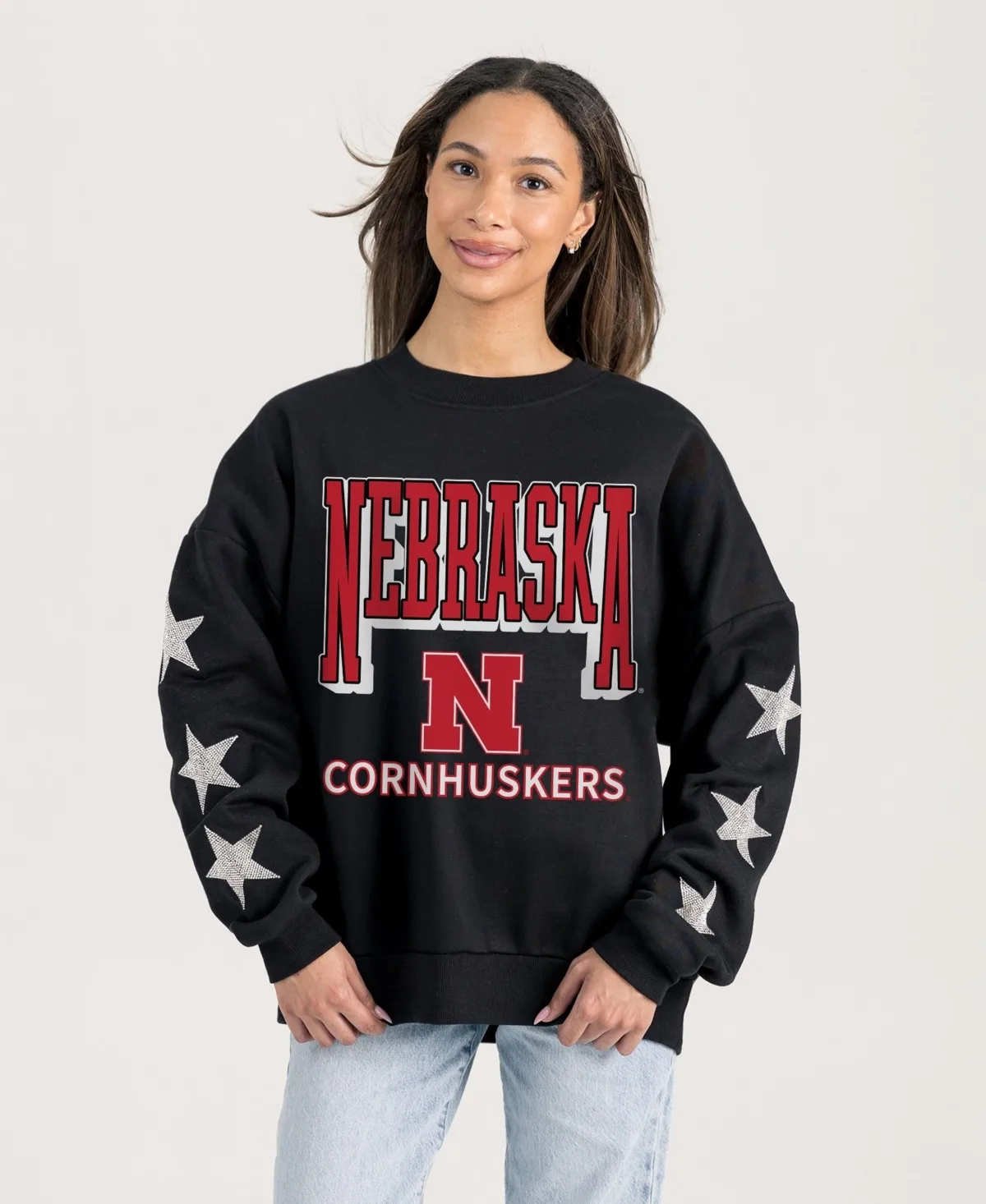 Nebraska Huskers Relaxed Rhinestone Pullover Sweatshirt by Gameday Couture