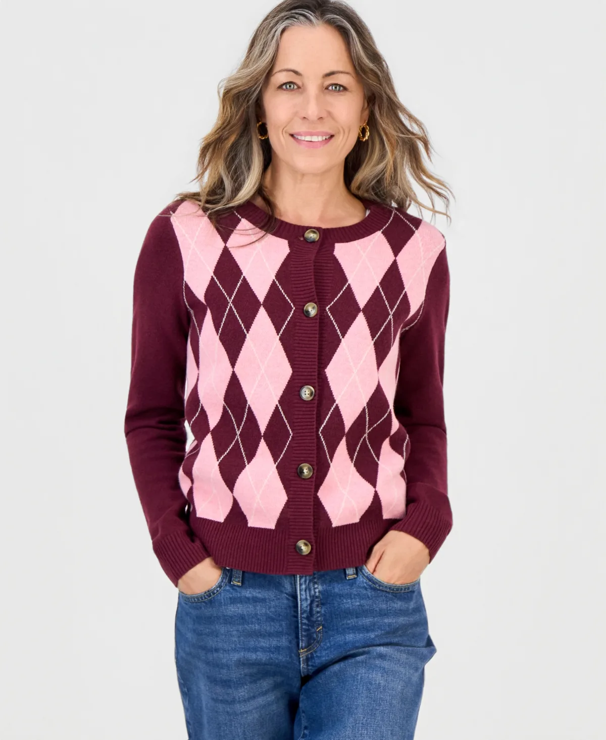 Argyle Fitted Crewneck Cardigan by Style & Co