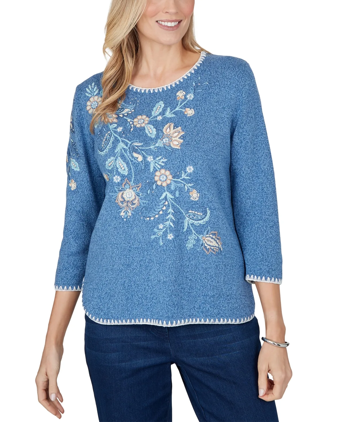 Embroidered Floral 3/4-Sleeve Sweater - Denim by Alfred Dunner
