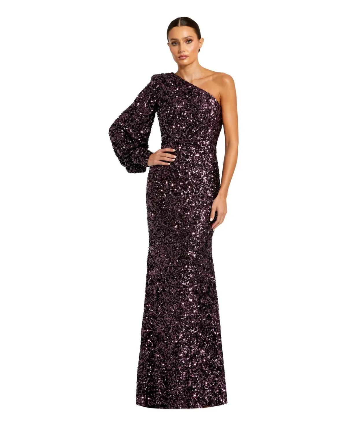 Sequined One Shoulder Bishop Sleeve Trumpet Gown by M.A.C.