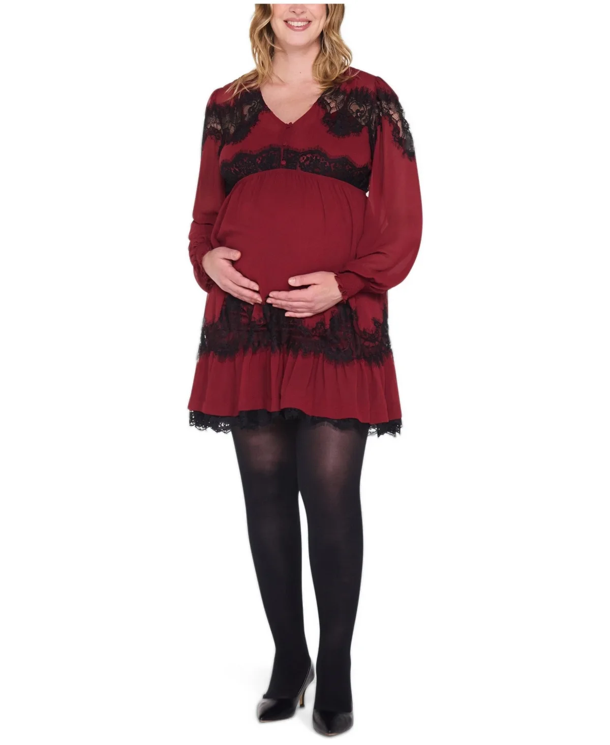 Long Sleeve Lace Trim Mini Dress by Motherhood Maternity