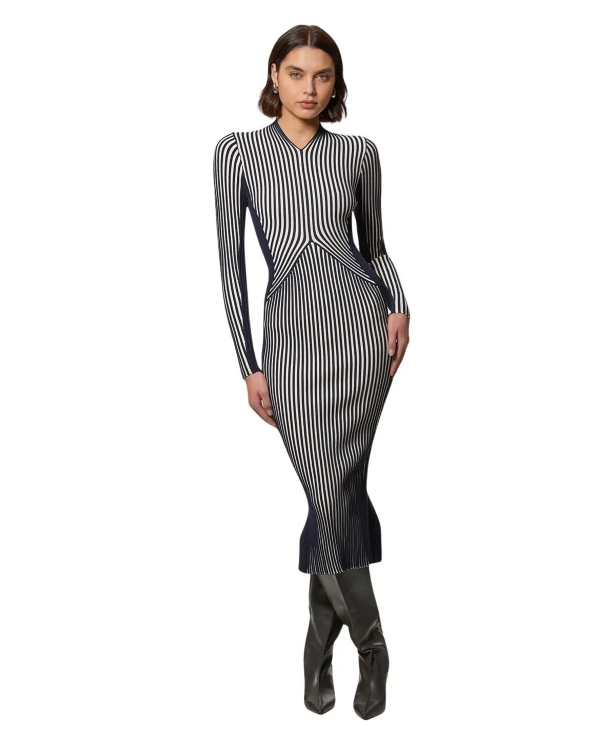 Long-Sleeve V-Neck Stripe Midi Dress by Karen Millen