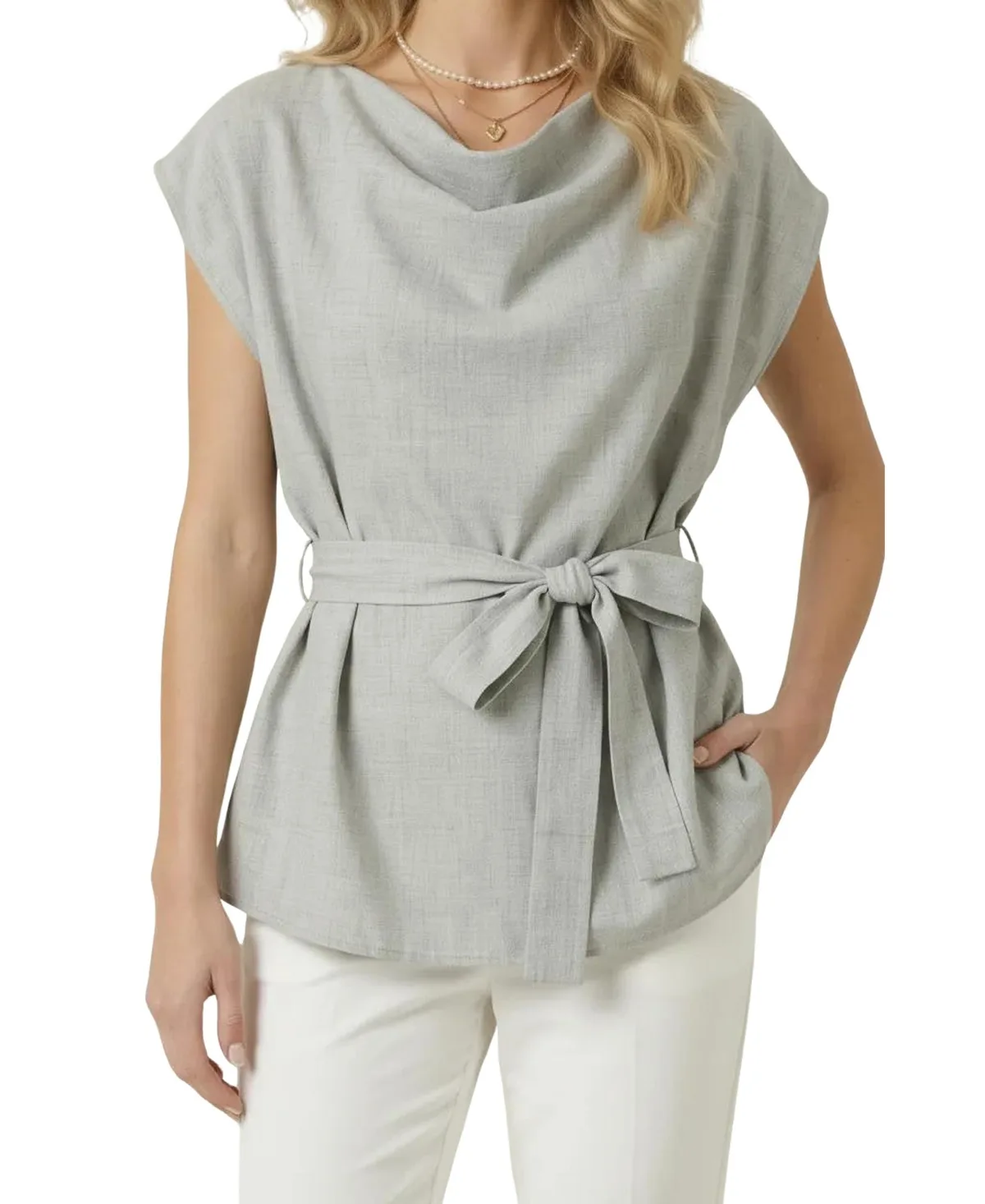 Draped-Neck Cap-Sleeve Self-Tie Waist Top by Modenaire