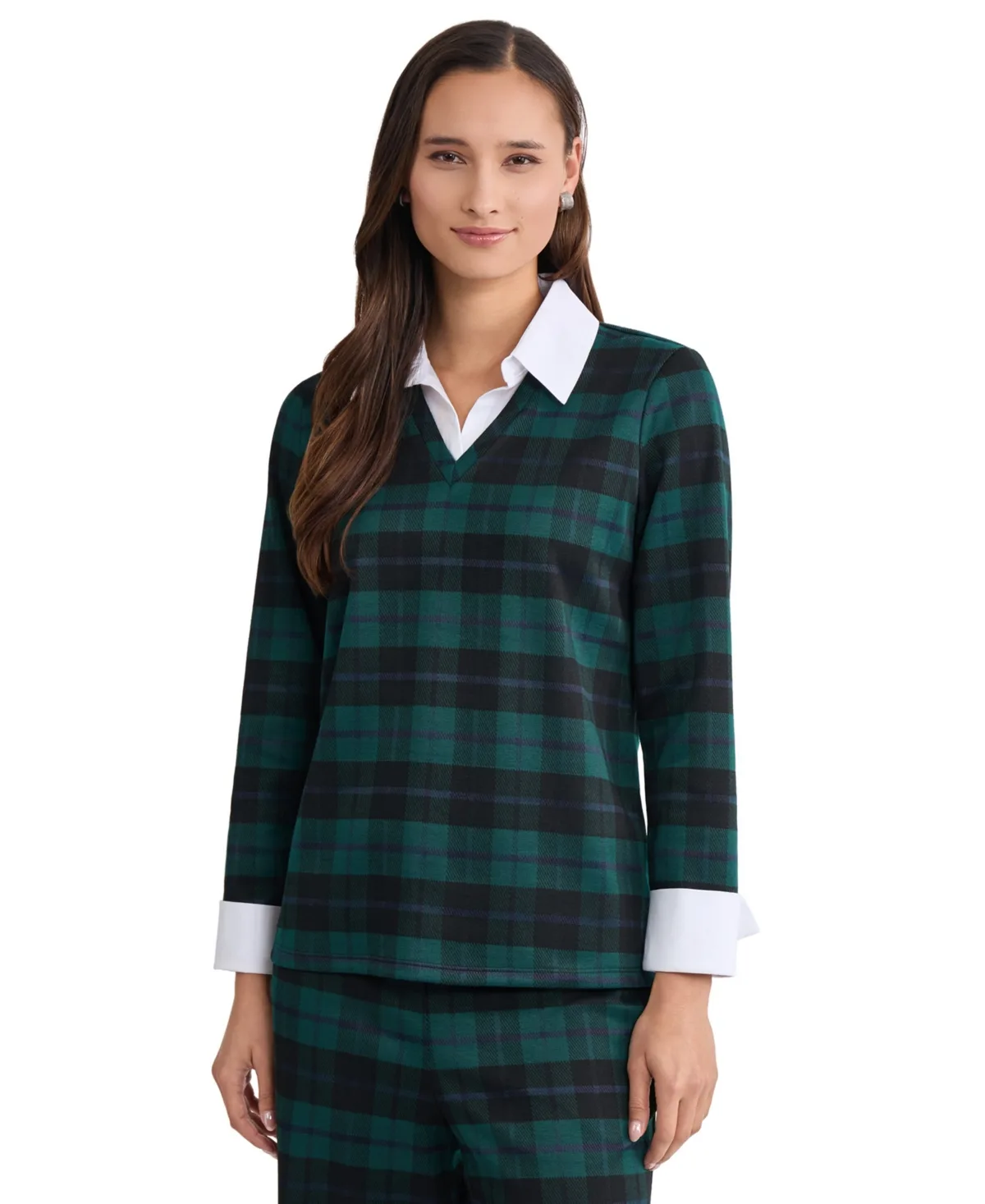 Long-Sleeve V-Neck Plaid Blouse by Jones New York