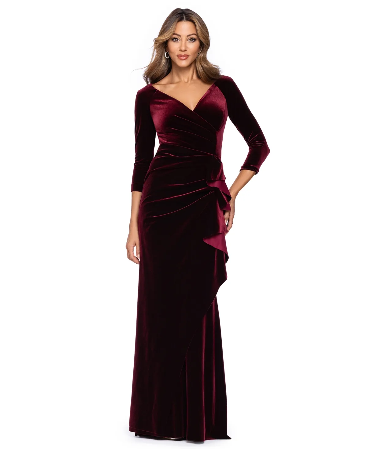Velvet V-Neck Ruffle-Front Long-Sleeve Gown by Xscape