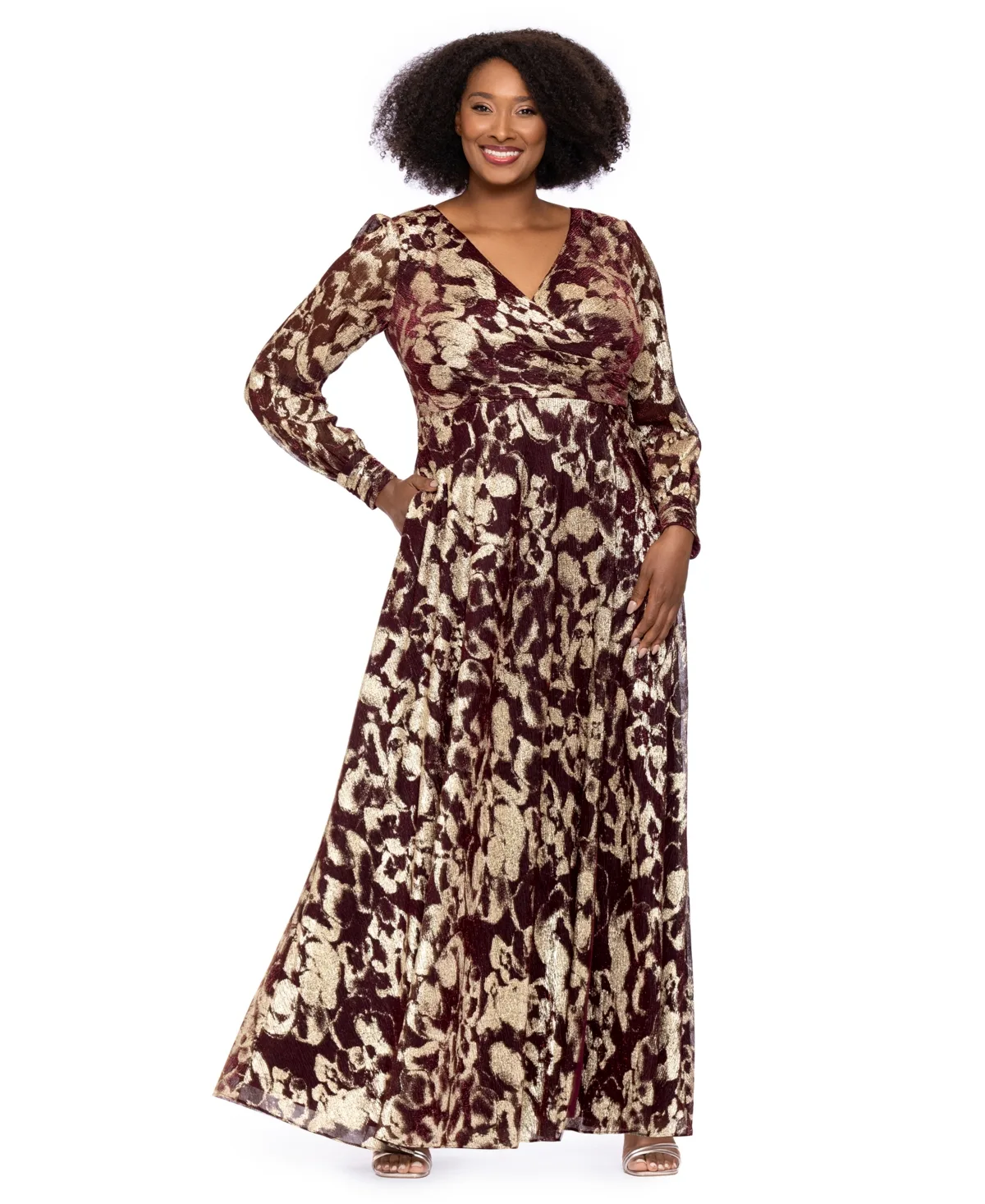 Foil Crinkle Long-Sleeve V-Neck Maxi Gown by Betsy & Adam