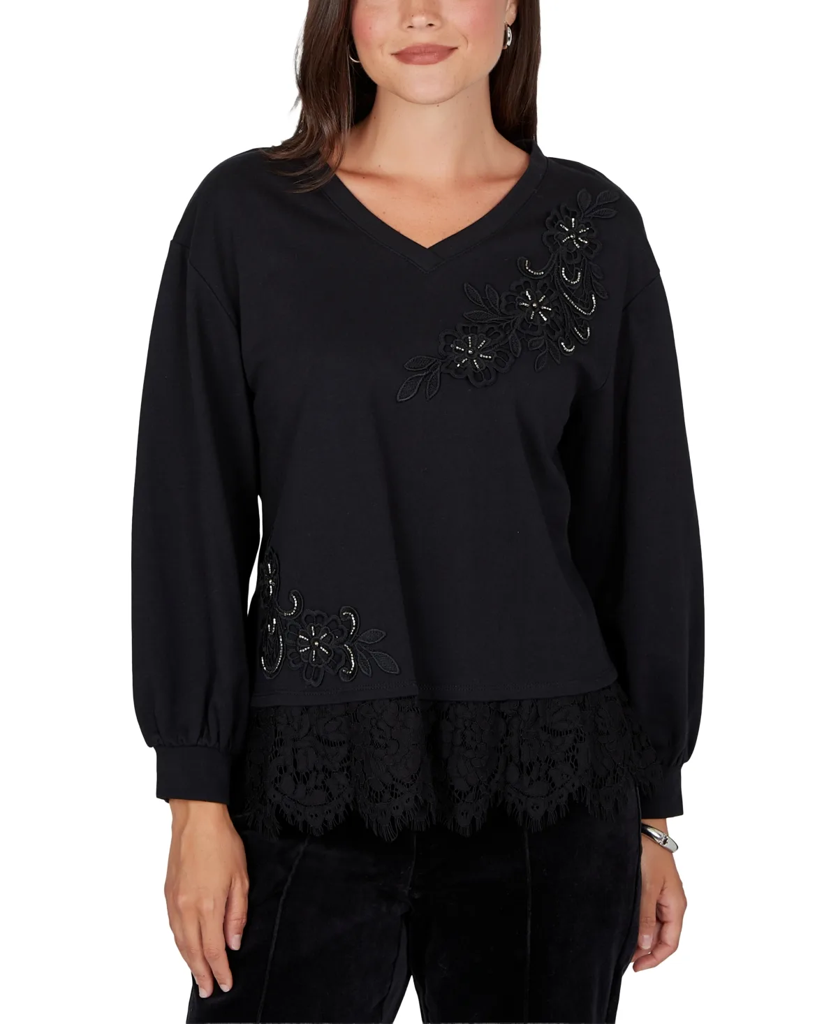 Long-Sleeve V-Neck Lace Pullover by Ruby Rd