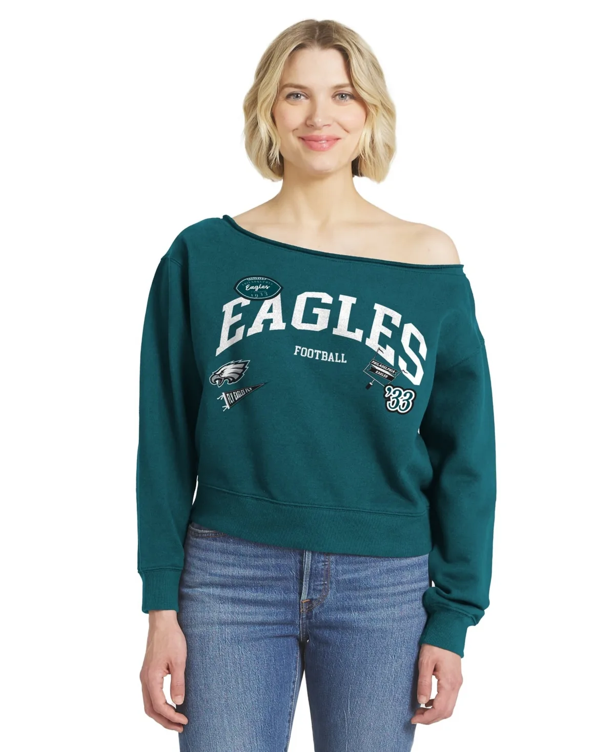 Philadelphia Eagles Off-the-Shoulder Screen-Print Fleece-Lined Sweatshirt by Wear by Erin Andrews